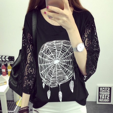 CASUAL SHORT SLEEVE LACE PATCHWORK HOLLOW OUT SPIDER WEB PRINT LOOSE T-SHIRT (BLACK, SIZE 