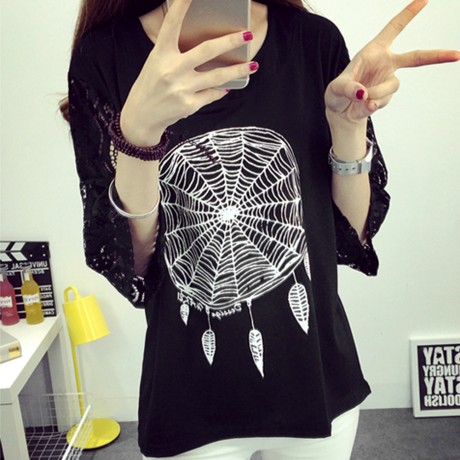 CASUAL SHORT SLEEVE LACE PATCHWORK HOLLOW OUT SPIDER WEB PRINT LOOSE T-SHIRT (BLACK, SIZE 