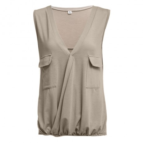 WOMEN'S PLUNGING NECK POCKET DESIGN TANK TOP (KHAKI, SIZE S/M/L/XL)