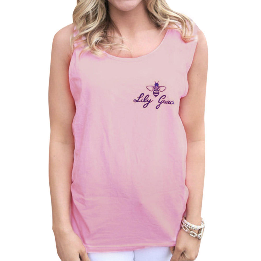 WOMEN'S SLEEVELESS BEE BOWKNOT LETTER PRINT TOP (LIGHT PINK, SIZE S/M/L/XL)