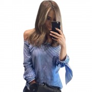 WOMEN'S LONG PUFF SLEEVE BOWKNOT LACE-UP SIDE SLIT IRREGULAR SHIRT (BLUE AND WHITE, SIZE S