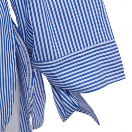 WOMEN'S LONG PUFF SLEEVE BOWKNOT LACE-UP SIDE SLIT IRREGULAR SHIRT (BLUE AND WHITE, SIZE S