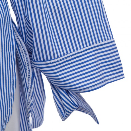 WOMEN'S LONG PUFF SLEEVE BOWKNOT LACE-UP SIDE SLIT IRREGULAR SHIRT (BLUE AND WHITE, SIZE S