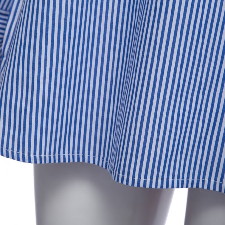 WOMEN'S LONG PUFF SLEEVE BOWKNOT LACE-UP SIDE SLIT IRREGULAR SHIRT (BLUE AND WHITE, SIZE S