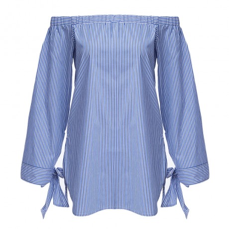 WOMEN'S LONG PUFF SLEEVE BOWKNOT LACE-UP SIDE SLIT IRREGULAR SHIRT (BLUE AND WHITE, SIZE S