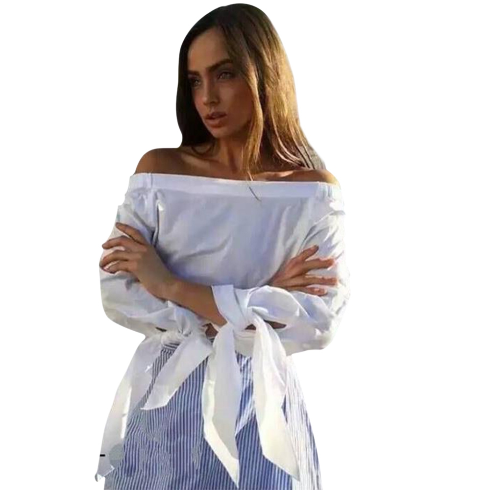 WOMEN'S LONG PUFF SLEEVE BOWKNOT LACE-UP SIDE SLIT IRREGULAR SHIRT (WHITE, SIZE S/M/L/XL)