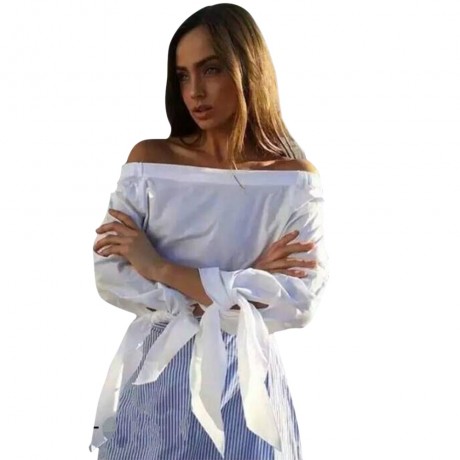 WOMEN'S LONG PUFF SLEEVE BOWKNOT LACE-UP SIDE SLIT IRREGULAR SHIRT (WHITE, SIZE S/M/L/XL)