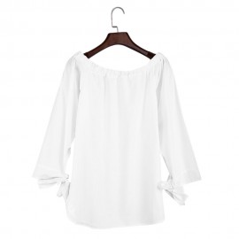 WOMEN'S LONG PUFF SLEEVE BOWKNOT LACE-UP SIDE SLIT IRREGULAR SHIRT (WHITE, SIZE S/M/L/XL)