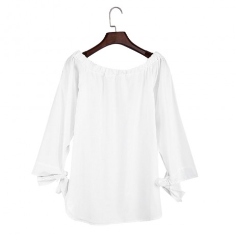 WOMEN'S LONG PUFF SLEEVE BOWKNOT LACE-UP SIDE SLIT IRREGULAR SHIRT (WHITE, SIZE S/M/L/XL)