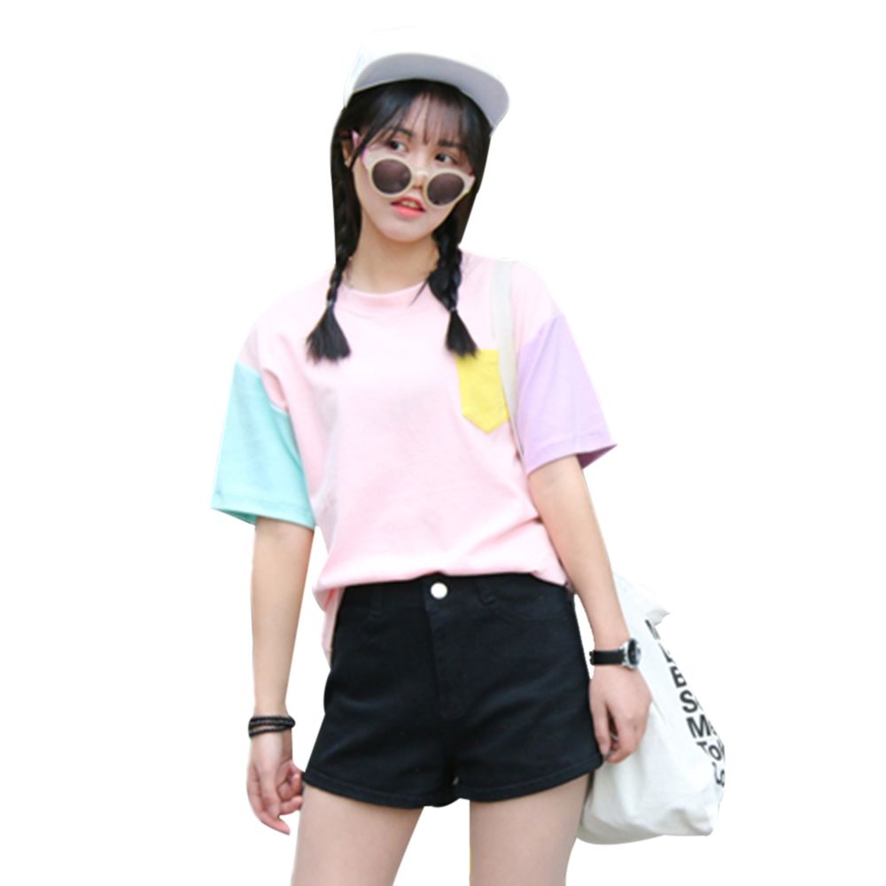 SWEET ROUND COLLAR SHORT SLEEVE CANDY COLOR BLOCK FRONT POCKET LOOSE-FITTING T-SHIRT (LIGH SWEET ROUND COLLAR SHORT SLEEVE CANDY COLOR BLOCK FRONT POCKET LOOSE-FITTING T-SHIRT (LIGH