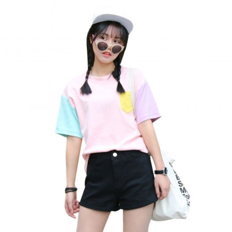 SWEET ROUND COLLAR SHORT SLEEVE CANDY COLOR BLOCK FRONT POCKET LOOSE-FITTING T-SHIRT (LIGH