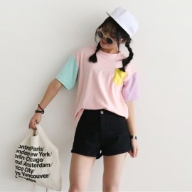 SWEET ROUND COLLAR SHORT SLEEVE CANDY COLOR BLOCK FRONT POCKET LOOSE-FITTING T-SHIRT (LIGH