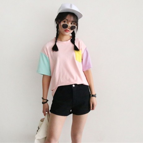 SWEET ROUND COLLAR SHORT SLEEVE CANDY COLOR BLOCK FRONT POCKET LOOSE-FITTING T-SHIRT (LIGH