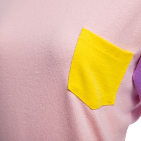 SWEET ROUND COLLAR SHORT SLEEVE CANDY COLOR BLOCK FRONT POCKET LOOSE-FITTING T-SHIRT (LIGH