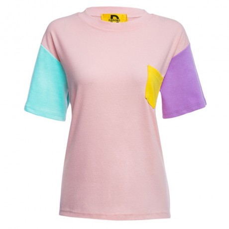 SWEET ROUND COLLAR SHORT SLEEVE CANDY COLOR BLOCK FRONT POCKET LOOSE-FITTING T-SHIRT (LIGH