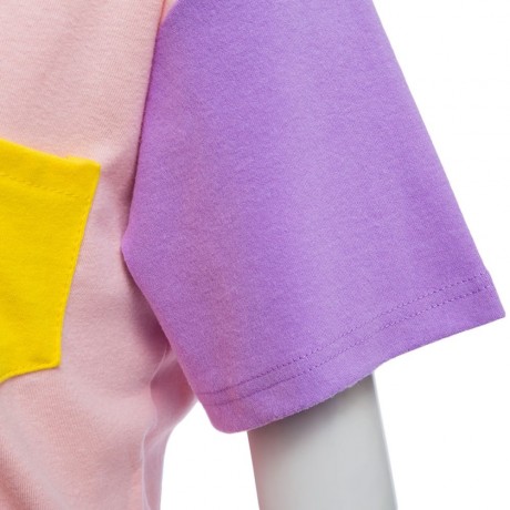SWEET ROUND COLLAR SHORT SLEEVE CANDY COLOR BLOCK FRONT POCKET LOOSE-FITTING T-SHIRT (LIGH