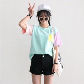 SWEET ROUND COLLAR SHORT SLEEVE CANDY COLOR BLOCK FRONT POCKET LOOSE-FITTING T-SHIRT (LIGH