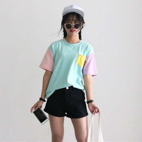 SWEET ROUND COLLAR SHORT SLEEVE CANDY COLOR BLOCK FRONT POCKET LOOSE-FITTING T-SHIRT (LIGH