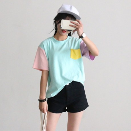SWEET ROUND COLLAR SHORT SLEEVE CANDY COLOR BLOCK FRONT POCKET LOOSE-FITTING T-SHIRT (LIGH