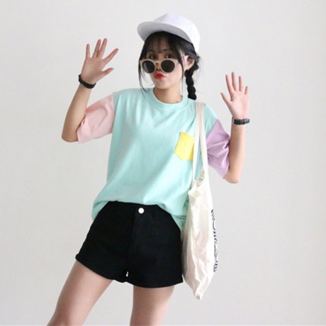 SWEET ROUND COLLAR SHORT SLEEVE CANDY COLOR BLOCK FRONT POCKET LOOSE-FITTING T-SHIRT (LIGH