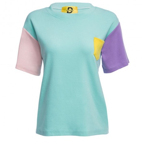 SWEET ROUND COLLAR SHORT SLEEVE CANDY COLOR BLOCK FRONT POCKET LOOSE-FITTING T-SHIRT (LIGH