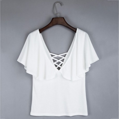 PLUNGING NECK CRISS-CROSS PURE COLOR FLARE SLEEVE T-SHIRT (WHITE, SIZE S/M/L/XL)