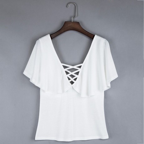 PLUNGING NECK CRISS-CROSS PURE COLOR FLARE SLEEVE T-SHIRT (WHITE, SIZE S/M/L/XL)