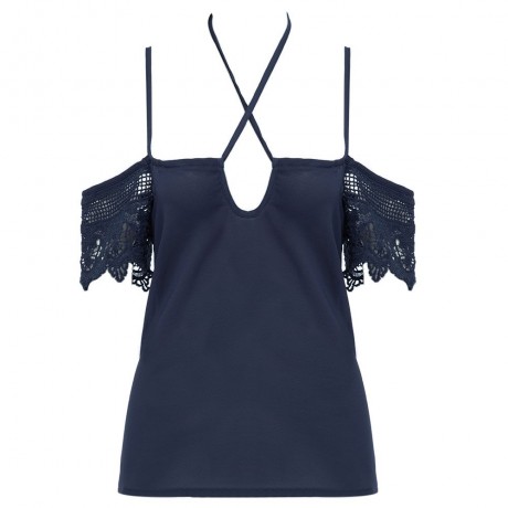 STRAP CUT OUT LACE SPLICED LOOSE-FITTING CHIFFON BLOUSE (PURPLISH BLUE, SIZE S/M/L)