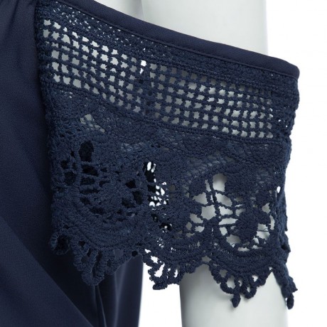 STRAP CUT OUT LACE SPLICED LOOSE-FITTING CHIFFON BLOUSE (PURPLISH BLUE, SIZE S/M/L)