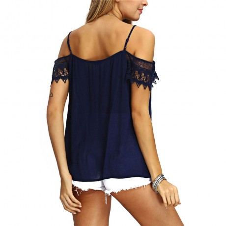 STRAP CUT OUT LACE SPLICED LOOSE-FITTING CHIFFON BLOUSE (PURPLISH BLUE, SIZE S/M/L)