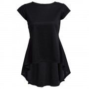 WOMEN'S STYLISH SHORT SLEEVE ASYMMETRIC FLOUNCE T-SHIRT (BLACK, SIZE S/M/L/XL)