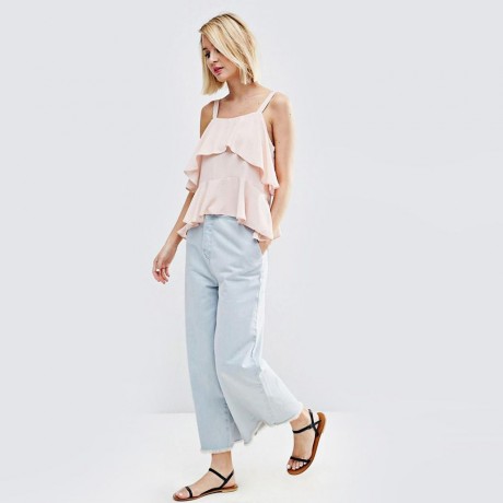 WOMEN'S CASUAL SPAGHETTI STRAP RUFFLE TANK TOP (PINK, SIZE S/M/L)