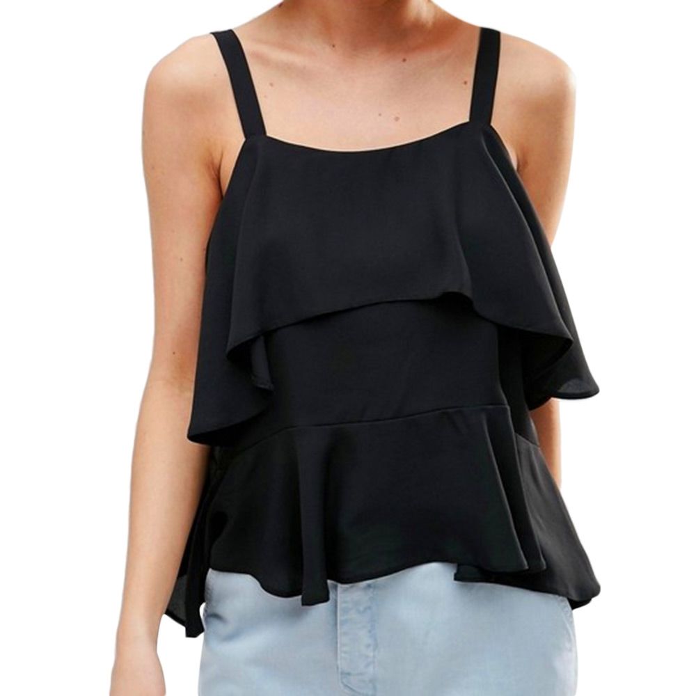 WOMEN'S CASUAL SPAGHETTI STRAP RUFFLE TANK TOP (BLACK, SIZE S/M/L)