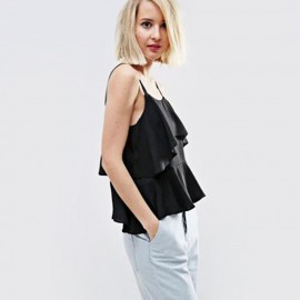 WOMEN'S CASUAL SPAGHETTI STRAP RUFFLE TANK TOP (BLACK, SIZE S/M/L)