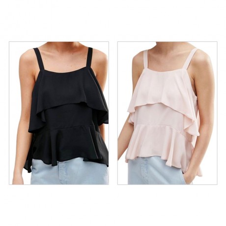 WOMEN'S CASUAL SPAGHETTI STRAP RUFFLE TANK TOP (BLACK, SIZE S/M/L)