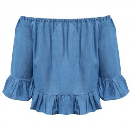 OFF THE SHOULDER SHORT SLEEVE FLOUNCED BLOUSE  (DENIM BLUE, SIZE S/M/L)