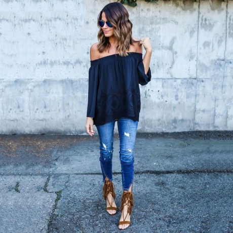 CASUAL OFF THE SHOULDER HOLLOW OUT LOOSE T-SHIRT (PURPLISH BLUE, SIZE S/M/L/XL)