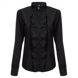 OL STYLE LONG SLEEVE FLOUNCED CHIFFON BLOUSE (BLACK, SIZE S/M/L/XL/2XL)