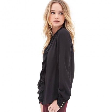 OL STYLE LONG SLEEVE FLOUNCED CHIFFON BLOUSE (BLACK, SIZE S/M/L/XL/2XL)