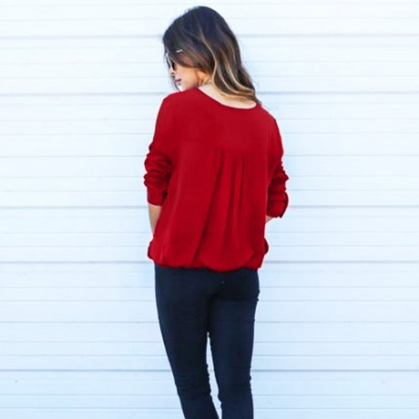 DEEP V COLLAR CROSS LONG SLEEVE BLEND PULLOVER T-SHIRT (DEEP RED, SIZE S/M/L/XL)