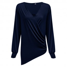DEEP V COLLAR CROSS LONG SLEEVE BLEND PULLOVER T-SHIRT (DEEP BLUE, SIZE S/M/L/XL)