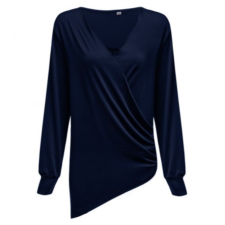 DEEP V COLLAR CROSS LONG SLEEVE BLEND PULLOVER T-SHIRT (DEEP BLUE, SIZE S/M/L/XL)