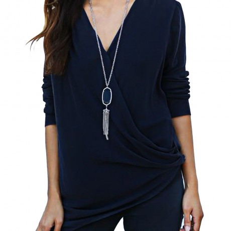 DEEP V COLLAR CROSS LONG SLEEVE BLEND PULLOVER T-SHIRT (DEEP BLUE, SIZE S/M/L/XL)