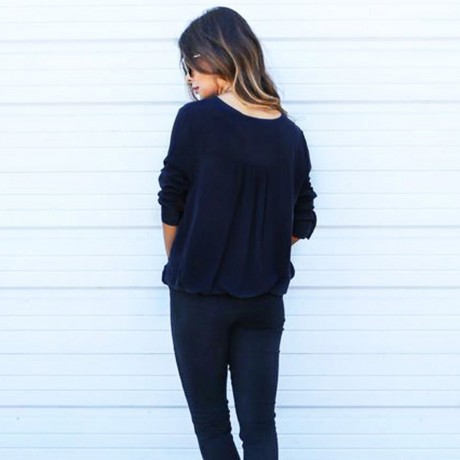 DEEP V COLLAR CROSS LONG SLEEVE BLEND PULLOVER T-SHIRT (DEEP BLUE, SIZE S/M/L/XL)