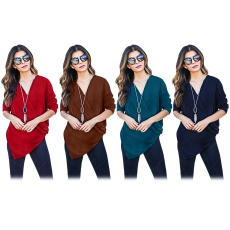 DEEP V COLLAR CROSS LONG SLEEVE BLEND PULLOVER T-SHIRT (DEEP BLUE, SIZE S/M/L/XL)