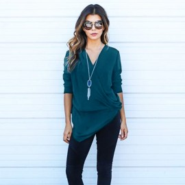 DEEP V COLLAR CROSS LONG SLEEVE COTTON BLEND PULLOVER T-SHIRT (BLACKISH GREEN, SIZE S/M/L/