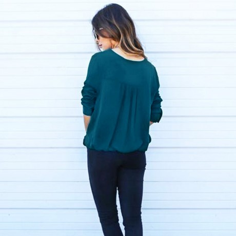DEEP V COLLAR CROSS LONG SLEEVE COTTON BLEND PULLOVER T-SHIRT (BLACKISH GREEN, SIZE S/M/L/