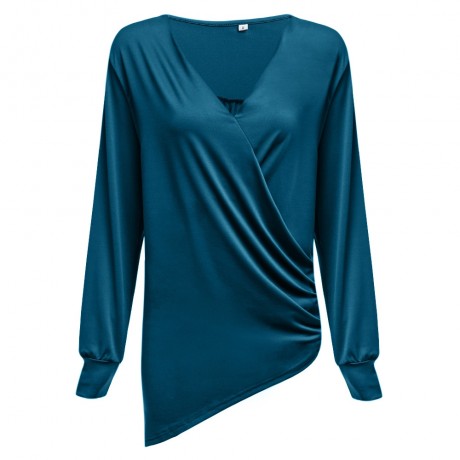 DEEP V COLLAR CROSS LONG SLEEVE COTTON BLEND PULLOVER T-SHIRT (BLACKISH GREEN, SIZE S/M/L/