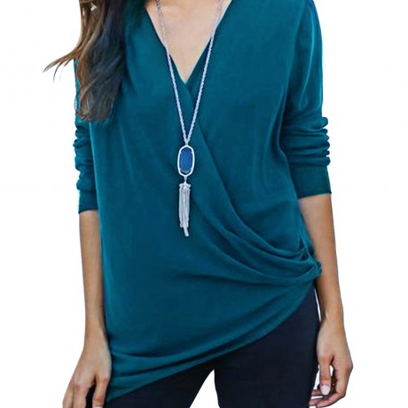 DEEP V COLLAR CROSS LONG SLEEVE COTTON BLEND PULLOVER T-SHIRT (BLACKISH GREEN, SIZE S/M/L/