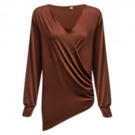 DEEP V COLLAR CROSS LONG SLEEVE COTTON BLEND PULLOVER T-SHIRT (COFFEE, SIZE S/M/L/XL)